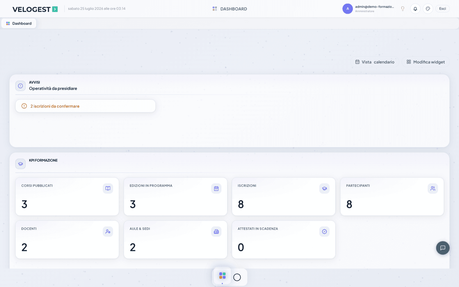 Dashboard di un ente di formazione con corsi pubblicati, edizioni, iscrizioni, partecipanti, docenti e aule