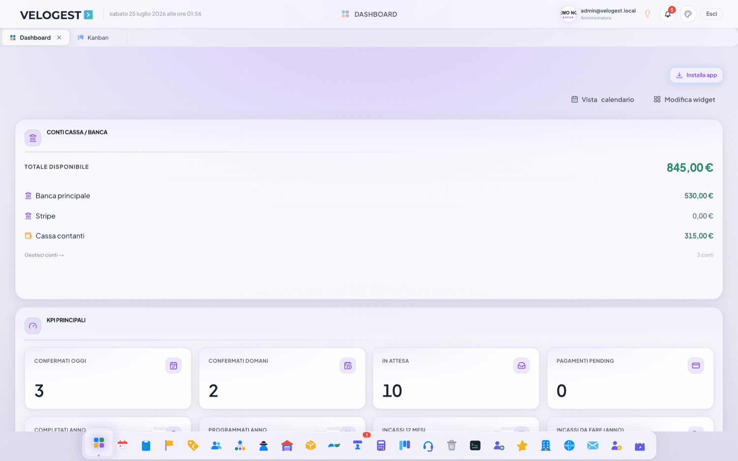 Dashboard con servizi confermati oggi, richieste in attesa, incassi e conti cassa e banca