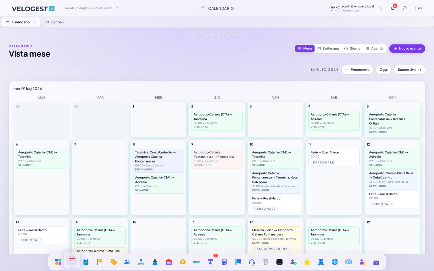Calendario mensile con gli impegni programmati